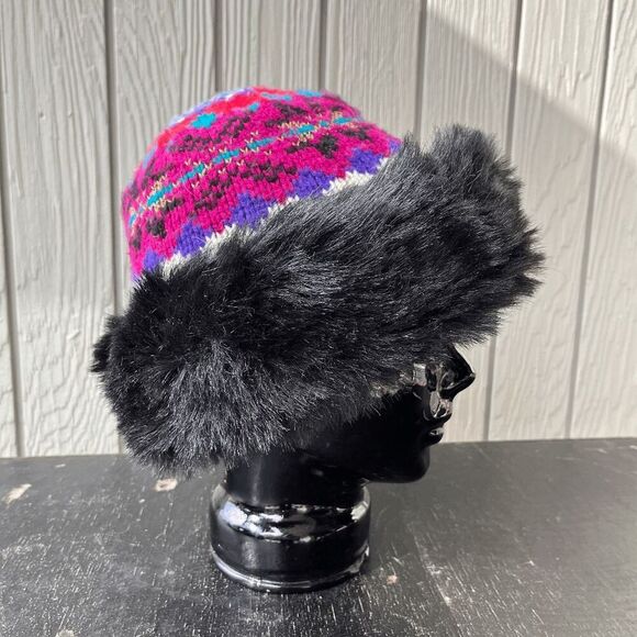 VTG 70s Fair-Isle Knit Faux-Fur Pillbox Hat Colorful Retro Apres Ski - Picture 1 of 9